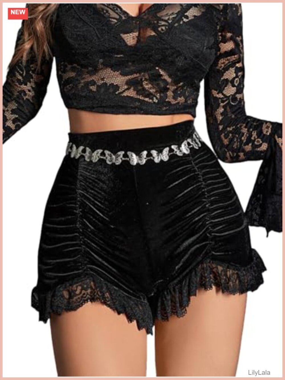 Velvet High Waist Ruched Lace Patchwork Shorts